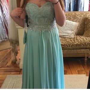 Light blue strapless prom dress
